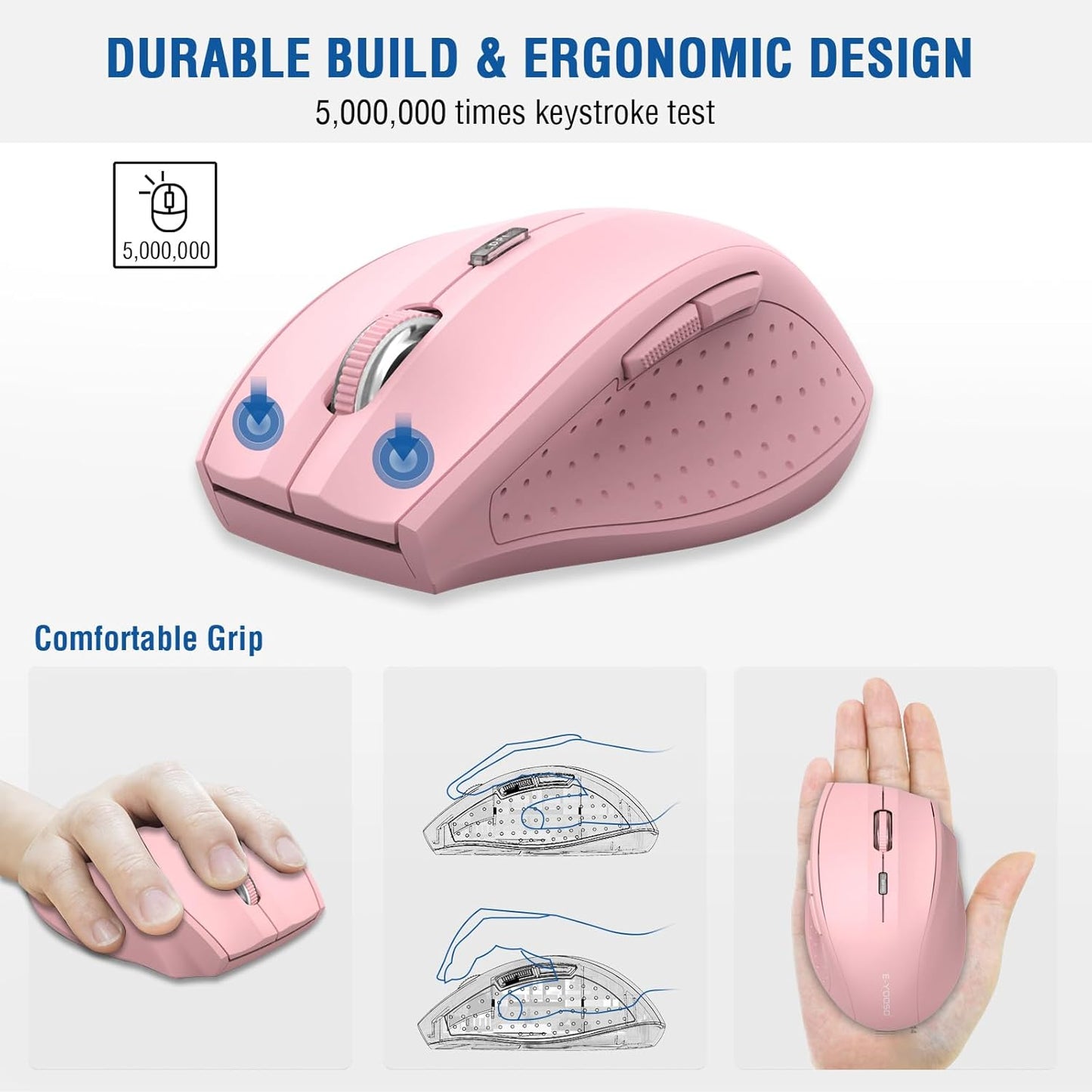 E-YOOSO Wireless Mouse for Laptop, Portable Optical Computer Mouse, 6 Buttons, Cordless 2.4GHz with USB Receiver, 5-Level 4800 DPI, 18 Months Battery Life, for PC, Chromebook, Windows, Mac(Pink)