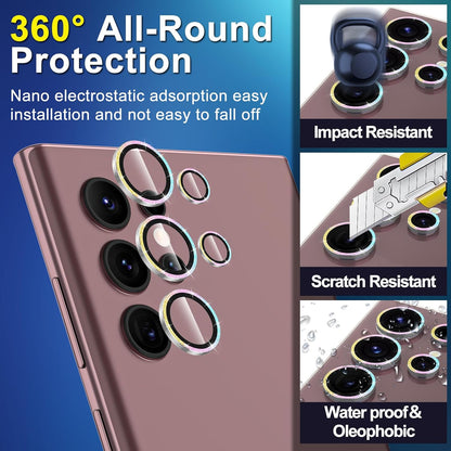 for Samsung Galaxy S22 Ultra Camera Lens Protector, Individual Metal Ring Tempered Glass Lens Cover, [Strong Adsorption] Scratch Resistant Ultra-Thin HD Clear Lens Cover,1 Set-Colorful Sparkly