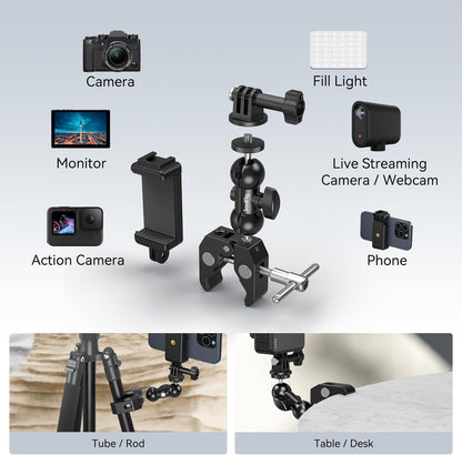 SMALLRIG Camera Mount Kit, Ball Head Magic Arm With Clamp, Super Clamp With Non-Slip Threads for GoPro, Webcam, Camera, Phone, Monitor and Light