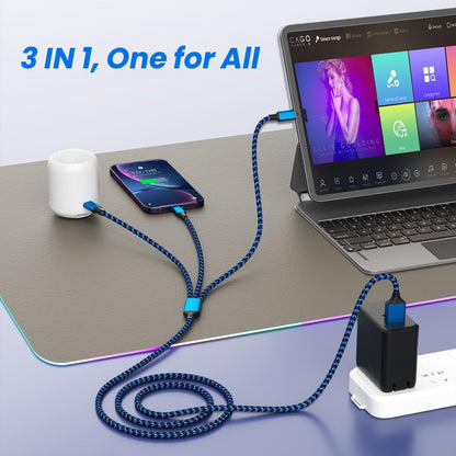 Multi Charging Cable(3Pack 4FT), 3 in 1 Charging Cable for Multiple Devices, USB-A Multi Charger Cord with Type-C, Micro USB and IP Port for iPhone 16/15/14/13/iPad/Android/Tablets and More