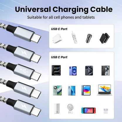 USB C Multi Charging Cable, Dual Type C Cable 1Pack 5FT, USB C Splitter with 4 Type-C Connectors,4 in 1 Multiple Nylon Braided Cable Compatible with iPhone 15 Pro Max/Samsung Galaxy/Tablets/Google.