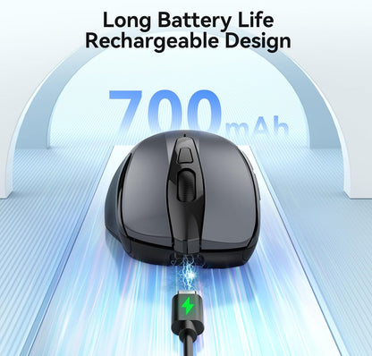 TECKNET Rechargeable Jiggler Wireless Mouse (BT5.0/3.0 & 2.4G) 4800 DPI Silent USB A & Bluetooth Mouse 6 Buttons, Wide Compatibility - Grey