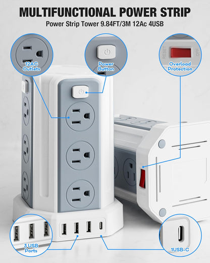 Power Strip Surge Protector, 10 Ft Extension Cord with 12 AC Multiple Outlets 4 USB (1 USB C), SMALLRT Power Tower Desktop Charging Station (White, 10 FT)