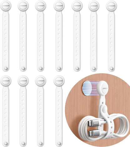 JOYROOM 12PCS Magnetic Cable Ties - Reusable Silicone Cord Organizer with Buckle Holes, Elastic Cable Management Straps for Data Cables, Charging Cords, and More (White)