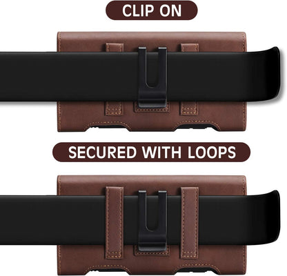 BECPLT for iPhone 13 Mini iPhone 12 Mini SE 2020 Holster Case, Leather Holster Pouch Loops Carrying Case with ID Card Holder for Galaxy S10e Apple iPhone 12 Mini 8 7 6s 6 (Fit w/Thin Case on) (Brown)