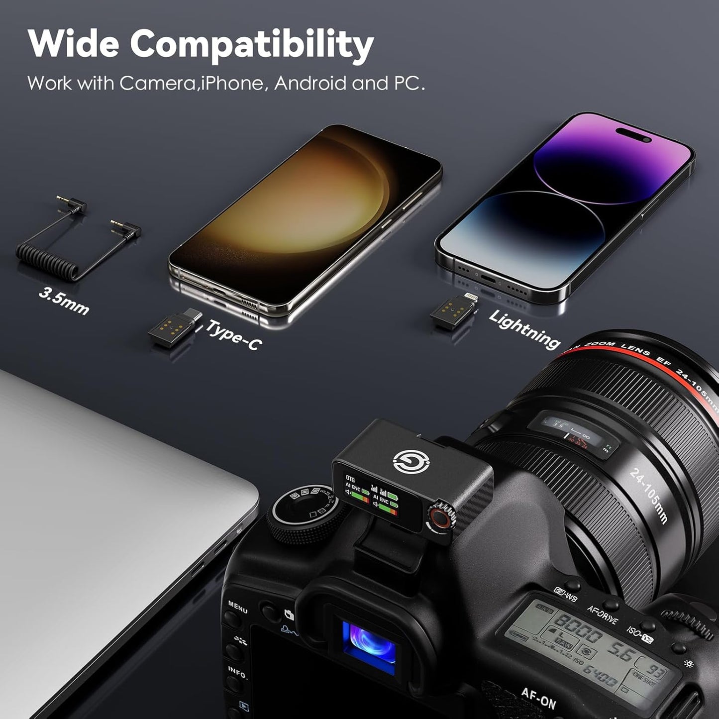 Wireless Microphone, AI Noise Cancelling with 56H Battery, 656ft Range & Wind Muff for iPhone/Android/Camera, Magnetic Clip-On for Streaming/Vlog/Interview