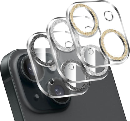 LucBuy 3PCS Sparkling Camera Lens Protector for iPhone 14/iPhone 14 Plus, Full Clear Acrylic Cover with Shiny Colorful Glitter Designed Decoration Back Camera Protector