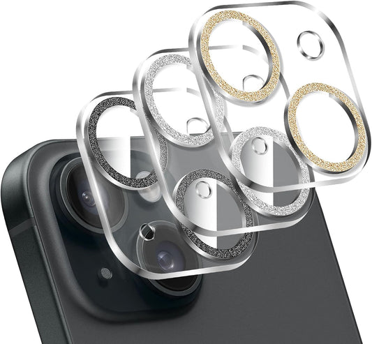 LucBuy 3PCS Sparkling Camera Lens Protector for iPhone 14/iPhone 14 Plus, Full Clear Acrylic Cover with Shiny Colorful Glitter Designed Decoration Back Camera Protector