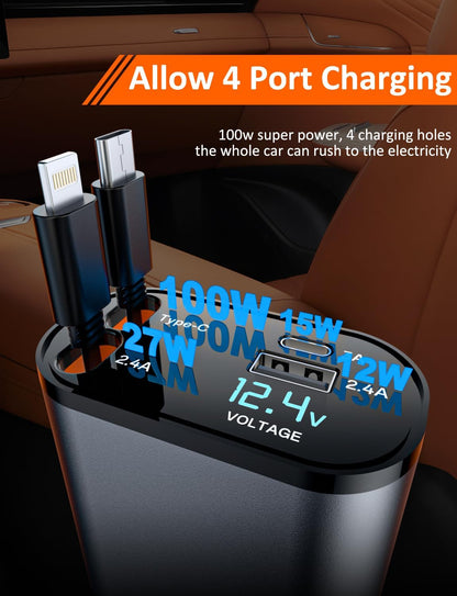 Retractable Car Charger with Dual Retractable Cords, Type-C Cable Fast Charging Up to 100W, 4 in 1 Fast Car Phone Charger with Voltage Display for iPhone 16/15/14/13/12 Pro Max,iPad,Samsung