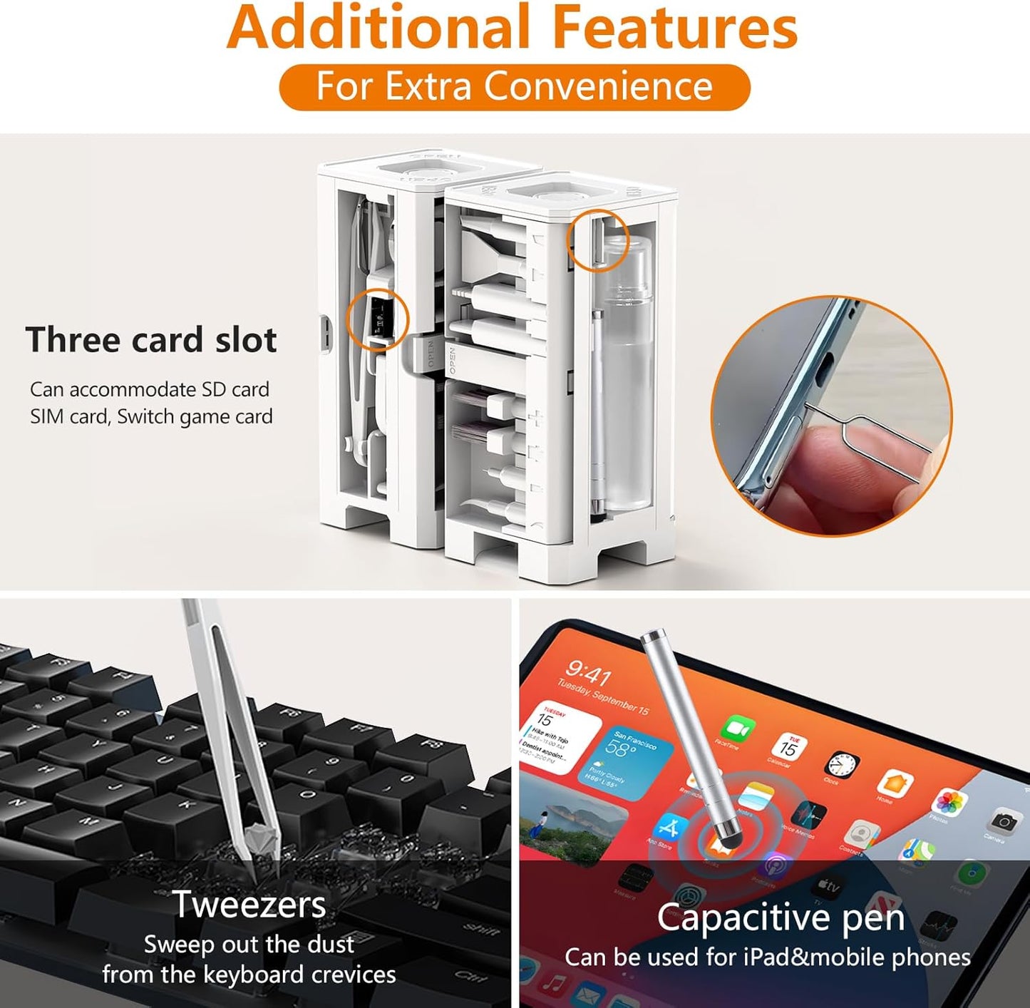 Cell Phone Cleaning Kit,iPhone Cleaning Kit for Charging Port Cleaner Keyboard Cleaning Kit for Airpods/Android/USB C/Earbuds/Laptop/iPad Screen with Stylus Pen,SIM Tool(White, with Putty and Cloth)