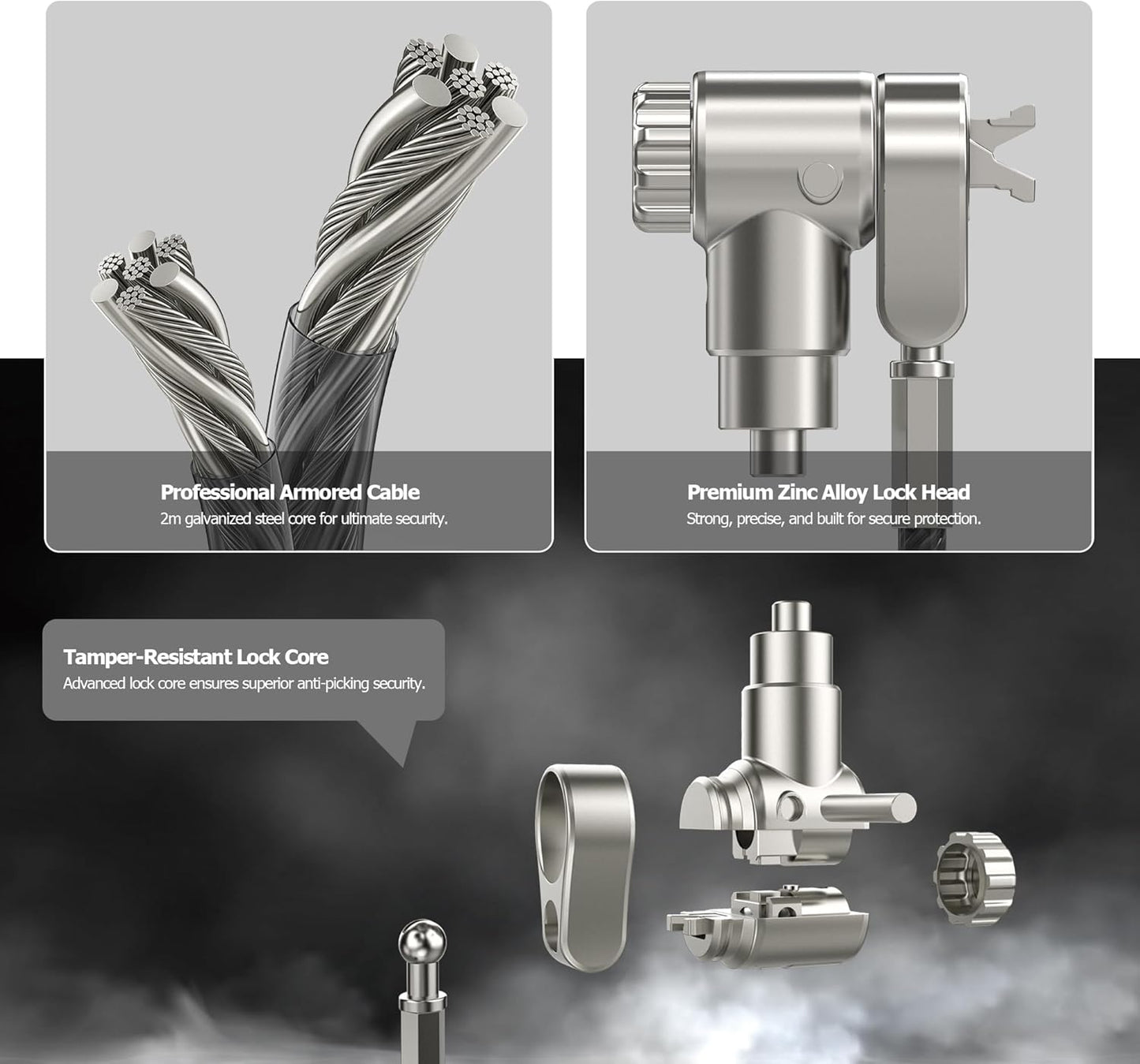 AboveTEK 3-in-1 Universal Laptop Cable Lock, Professional Laptop Security Lock with 2 Keys, Cut-Resistant Steel Locking Cable with 360° Rotating Head, Compatible with K-Slot, Nano & Wedge Slot