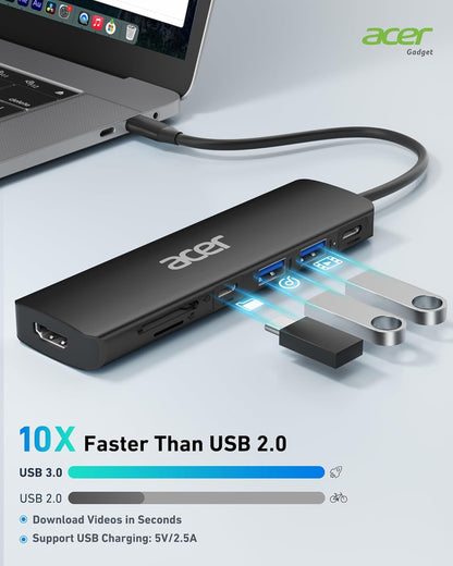 Acer USB C Hub, 7 in 1 USB C to HDMI Dock, 2 USB 3.1 GEN1 and 5Gbps Type-C Data Port, 4K HDMI Port, PD 100W Charging, SD Card Reader, for iPad Pro MacBook Pro Acer Laptops and More (Black)