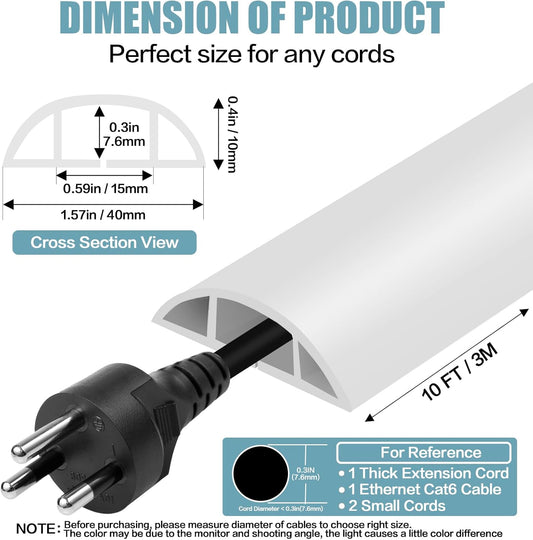 Floor Cord Cover Self Adhesive Cord Hider,10FT Cable Management, Extension Strip Protector for Wires, Prevent Cable Trips for Offices, Gyms, Exhibitions Cavity:0.51"(W) x 0.3"(H) White