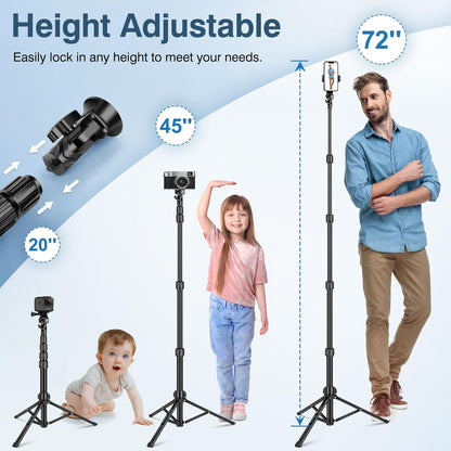 72" Tripod for iPhone, Phone Tripod with Remote, Black Aluminum, Compatible with Smartphone/Camera/Gopro, Cellphone Tripod Stand for Video Recording Selfies Vlogging