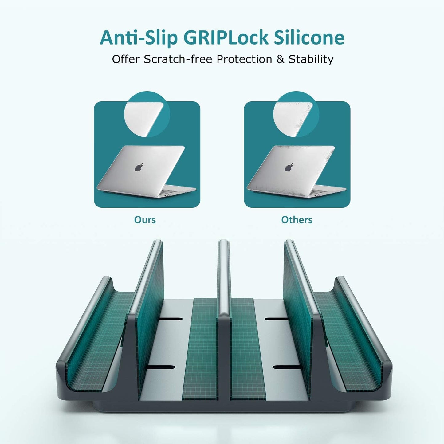 Vertical Laptop Stand - SPACEMax Adjustable GRIPLock Anti-Tip Silicone 4 Slots Aluminum Desktop Holder - Double Dock Stand - 2 Phone Slots Fits Up to 17.3” Laptops, Tablets, Phones - Gray