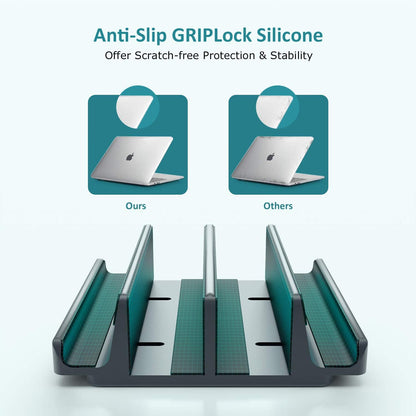 Vertical Laptop Stand - SPACEMax Adjustable GRIPLock Anti-Tip Silicone 4 Slots Aluminum Desktop Holder - Double Dock Stand - 2 Phone Slots Fits Up to 17.3” Laptops, Tablets, Phones - Gray
