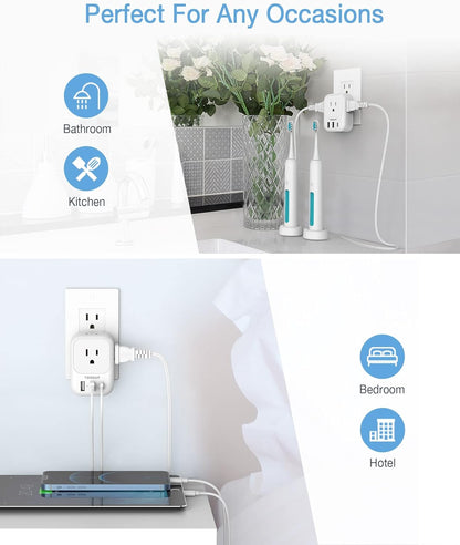 USB Wall Charger, TESSAN Wall Plug Adapter Outlet Extender, 3 Charger Block (1 USB C Port), Multi Charging Station for Cruise, Bathroom, Office, Dorm Essentials, White