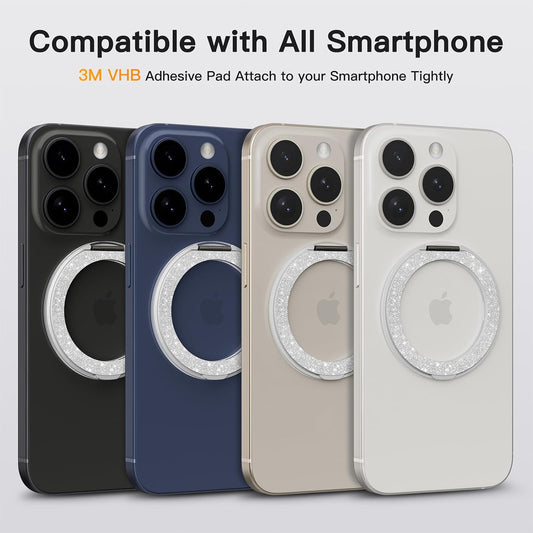 COOLQO 2Pcs 360 Spin Cell Grip Ring Phone Stand [Upgrade Gear Hinge Stress Relief] Magnetic Holders for Your car Accessories Desk Mount Compatible with iPhone All Smartphone, Glitter Silver