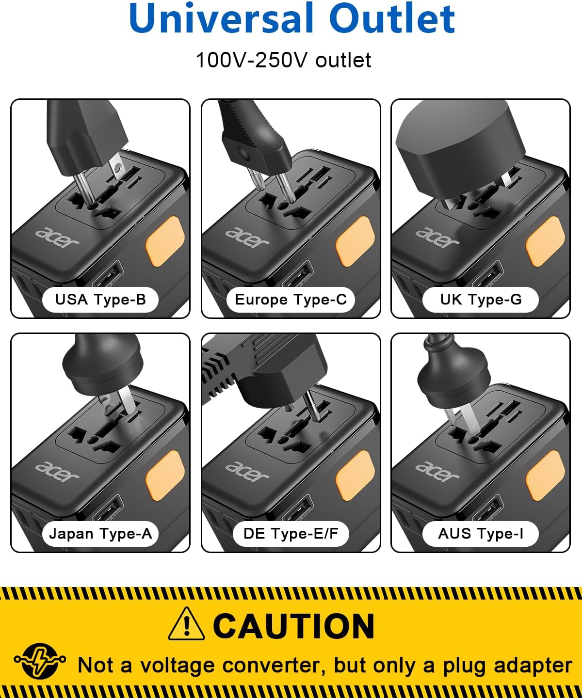 Acer 45W GaN Universal Travel Plug Adapter - International Power Adapter with 3 USB C & 1 USB A, Worldwide Power Outlet Travel Essentials for USA to European UK AUS Ireland, Type C/G/I/A, Black