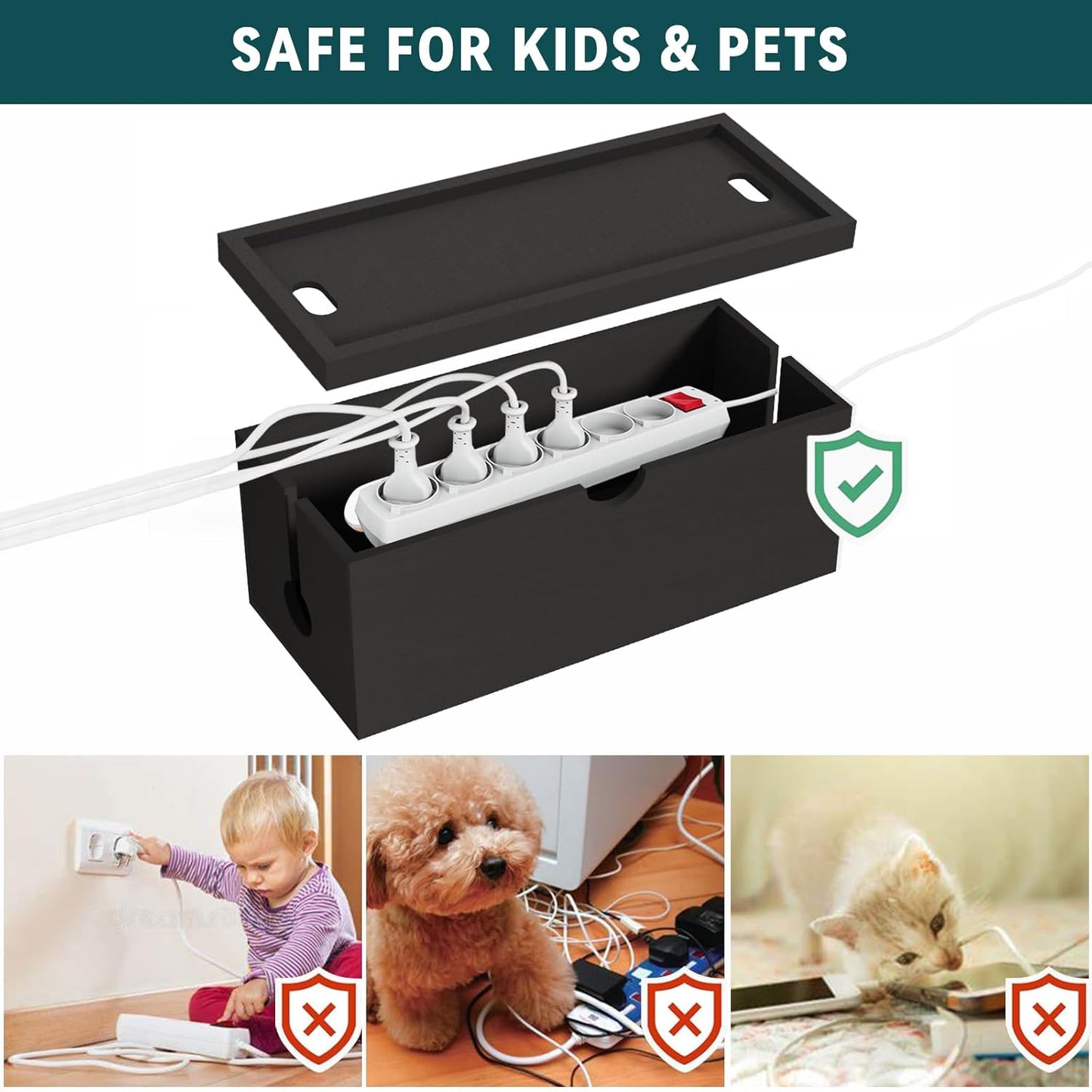 Bamboo Cable Management Box, Large Cord Organizer Box Cable Box to Hide Wires & Power Strips for Desktop Storage Cord Holder for Office Home,No Assembley Required (All Black, Large)