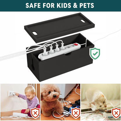 Bamboo Cable Management Box, Large Cord Organizer Box Cable Box to Hide Wires & Power Strips for Desktop Storage Cord Holder for Office Home,No Assembley Required (All Black, 2 Packs(M+L))