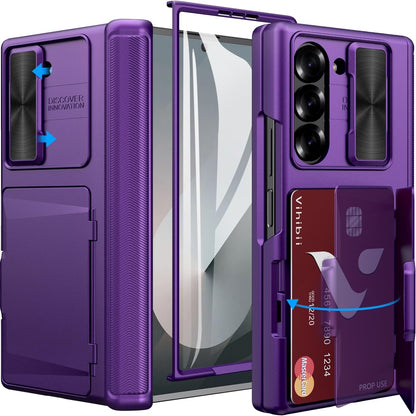 Vihibii for Samsung Galaxy Z Fold 6 Case with Card Holder & Camera Protective Cover & Hinge Protection & Front Screen Protector, Full Body Sturdy Wallet Case for Samsung Galaxy Z Fold 6, Dark Purple