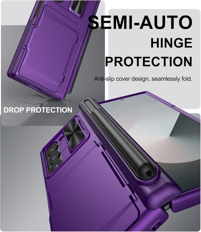 for Samsung Galaxy Z Fold 6 Case with S Pen Holder & Card Holder & Screen Protector, Built-in Hinge Protection & Sliding Camera Lens Cover, Durable Wallet Phone Case for Z Fold 6, Dark Purple