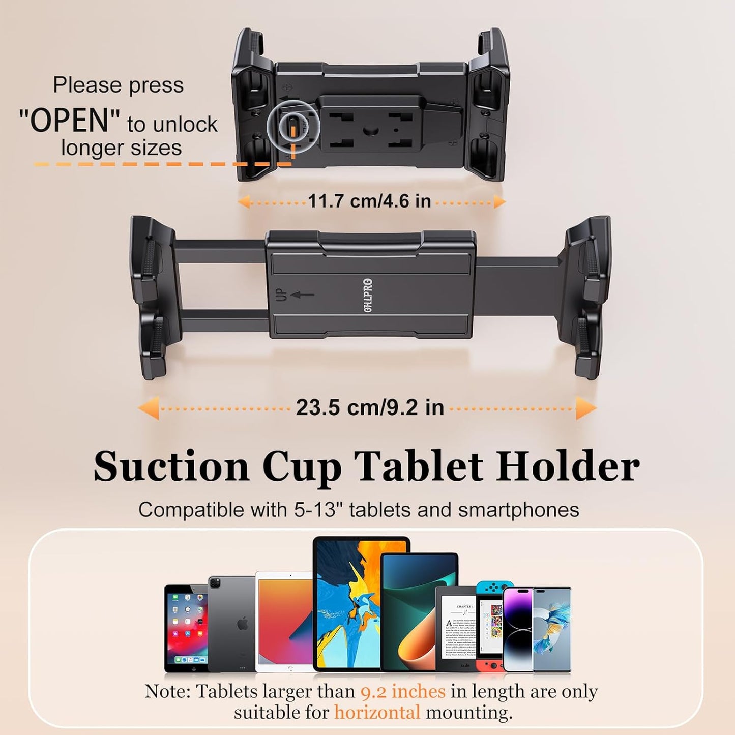 OHLPRO Tablet Holder for Car Dashboard [Suction Cup Mount] Windshield Wall Desk, Adjustable Stand for 5-13" iPad mini Air Pro Galaxy Tab S9 Phone - Heavy Duty Truck Accessories