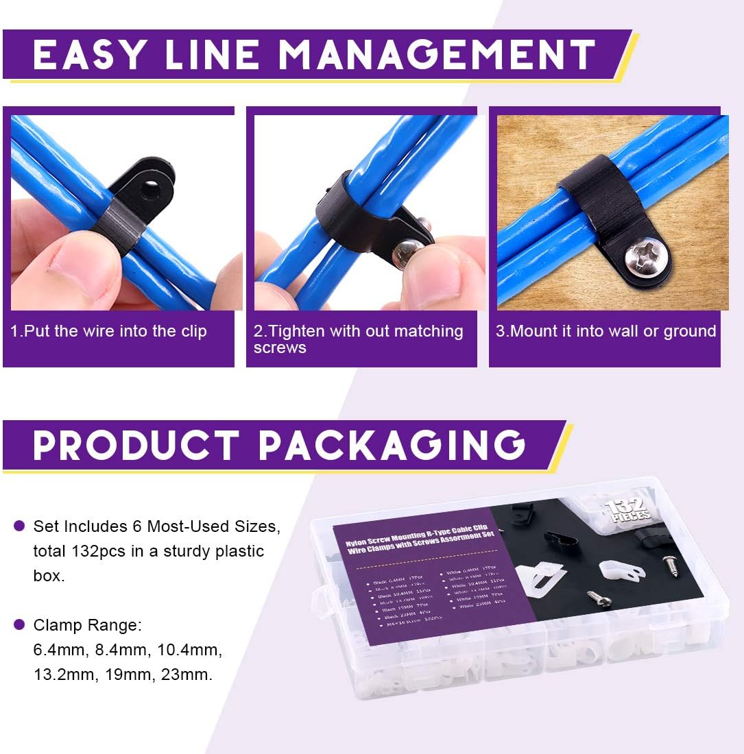 Swpeet 135 Pack 6 Sizes White+Black Nylon Plastic R-Type Cable Clips Clamp Assortment Kit, 3/16" 1/4" 3/8" 1/2" 3/4" 1" Nylon Screw Mounting Cord Fastener Clips with 135Pcs Screws for Wire Management