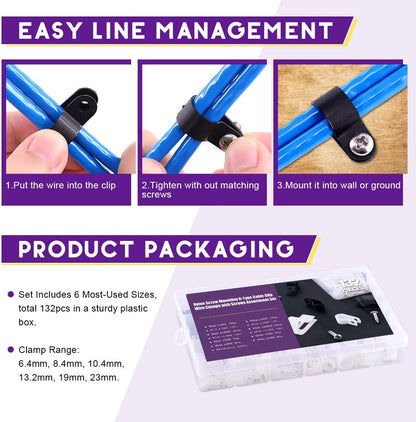 Swpeet 135 Pack 6 Sizes White+Black Nylon Plastic R-Type Cable Clips Clamp Assortment Kit, 3/16" 1/4" 3/8" 1/2" 3/4" 1" Nylon Screw Mounting Cord Fastener Clips with 135Pcs Screws for Wire Management