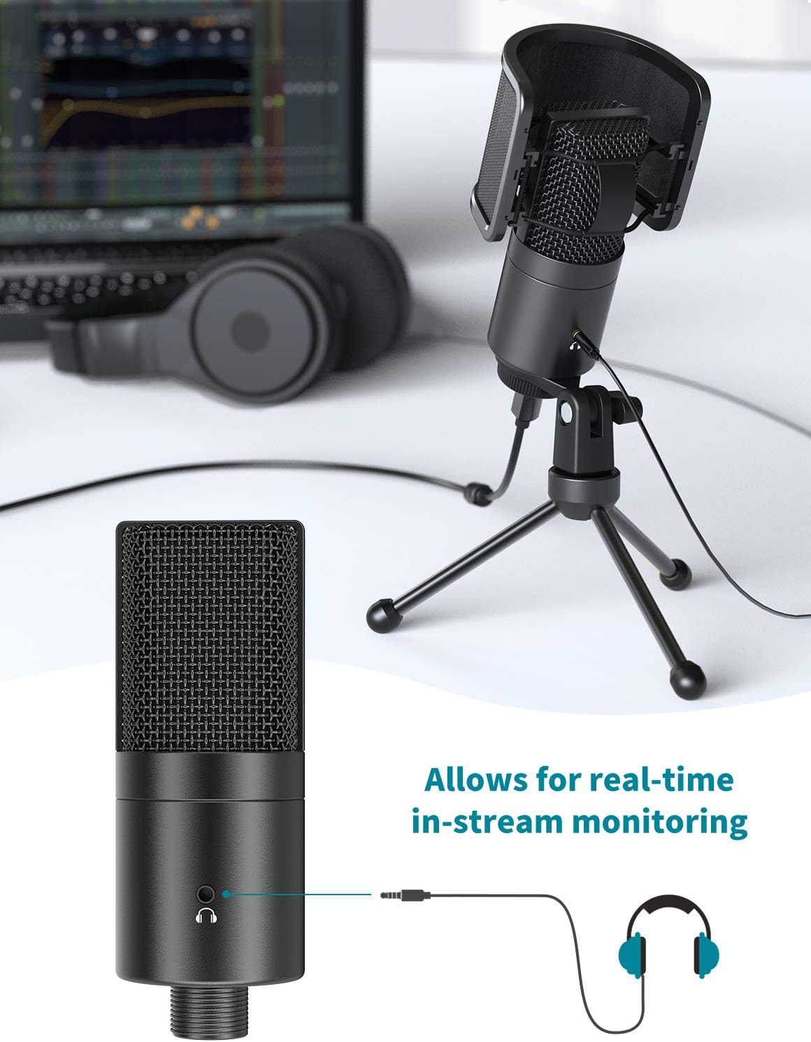 FIFINE USB Desktop PC Microphone with Pop Filter for Computer and Mac, Studio Condenser Mic with Gain Knob Mute Button Headphone Jack for Gaming Streaming Recording YouTube, Extra USB-C Plug-K683A