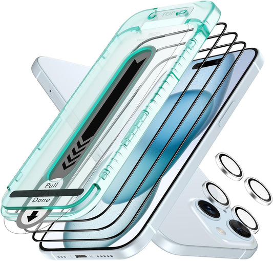 ESR 3+2 Pack for iPhone 15 Plus Screen Protector, [9H Hardness] [Military Grade Shatterproof] Full Coverage Ultra-tough Tempered Glass Film with Flawless Fit Tray, 2 Set of Camera Lens Protector