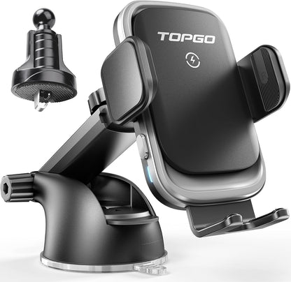 TOPGO Dashboard Wireless Car Charger, Universal Cell Phone Holder, Wireless Charger Phone Holder, 15W Fast Charging for iPhone16 Pro Max, Samsung Galaxy - Black