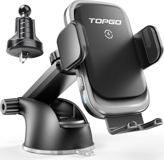 TOPGO Dashboard Wireless Car Charger, Universal Cell Phone Holder, Wireless Charger Phone Holder, 15W Fast Charging for iPhone16 Pro Max, Samsung Galaxy - Black