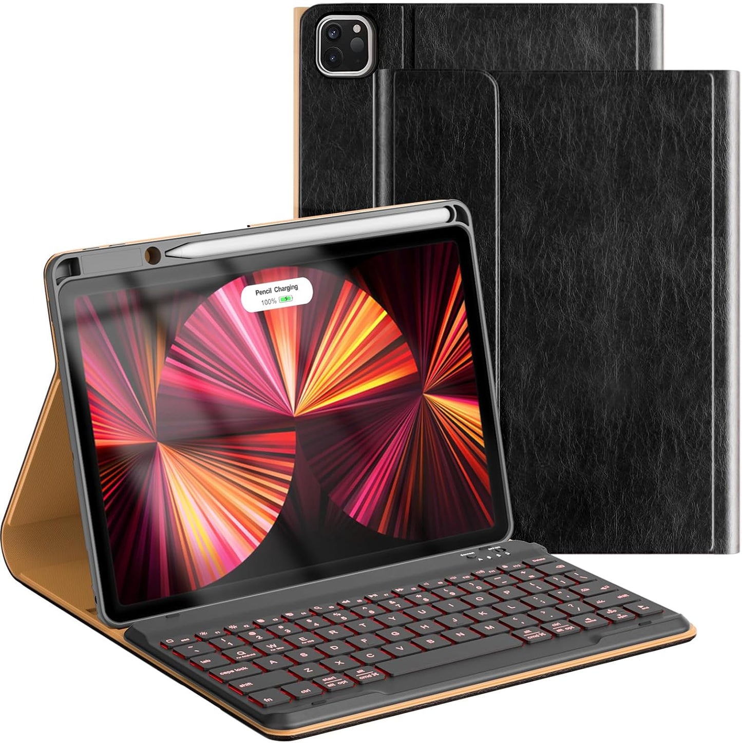 Leather Keyboard Case for iPad Air 5th 4th Generation 10.9 inch Pro 11 1st/2nd/3rd/4th, 7 Color Backlight BT Keyboard Folio with Pencil Holder 2022 2021 2020 2018 (Black