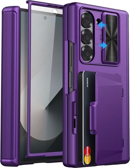 for Samsung Galaxy Z Fold 6 Case with Card Holder & Slide Camera Lens Cover & Hinge Protection & Screen Protector, Multifunctional Durable Rugged Phone Case for Samsung Z Fold 6, Dark Purple