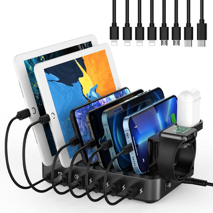 Charging Station for Multiple Devices,68W 6 Ports USB Charger Station with 20W PD USB-C Fast Charging,8 Cables Compatible with Cellphone,Tablet, Kindle, Apple Watch and More