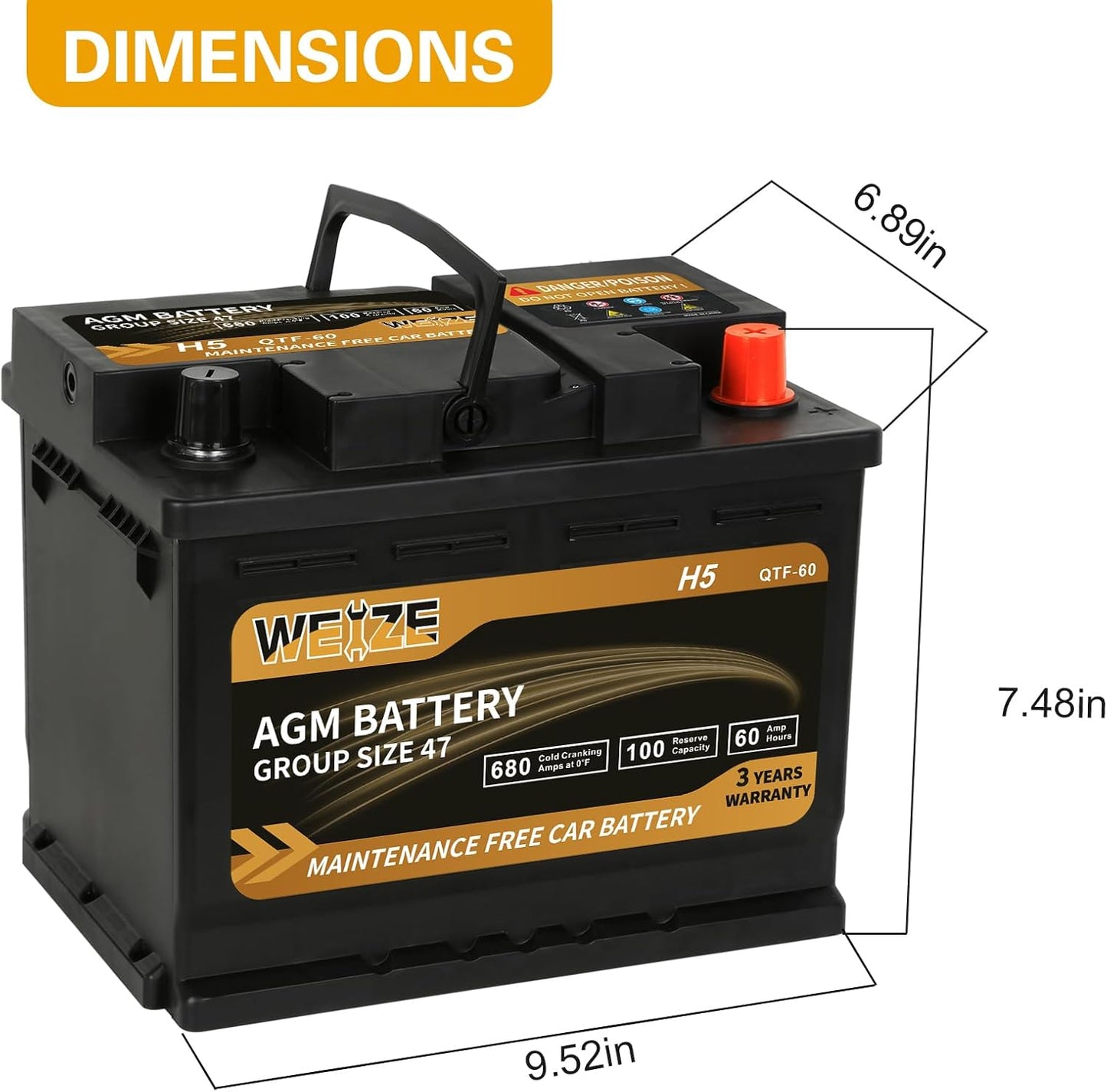 Weize Platinum AGM Battery BCI Group 47-12v 60ah H5 Size 47 Automotive Battery, 100RC, 680CCA, 36 Months Warranty, Dimensions 9.52" L x 6.89" W x 7.48" H