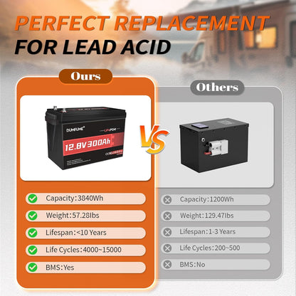 12V 300Ah Lithium LiFePO4 Battery,200A BMS 3840Wh Rechargeable Lithium Iron Phosphate Battery for Solar Energy Storage,Backup Power,RV,Camping