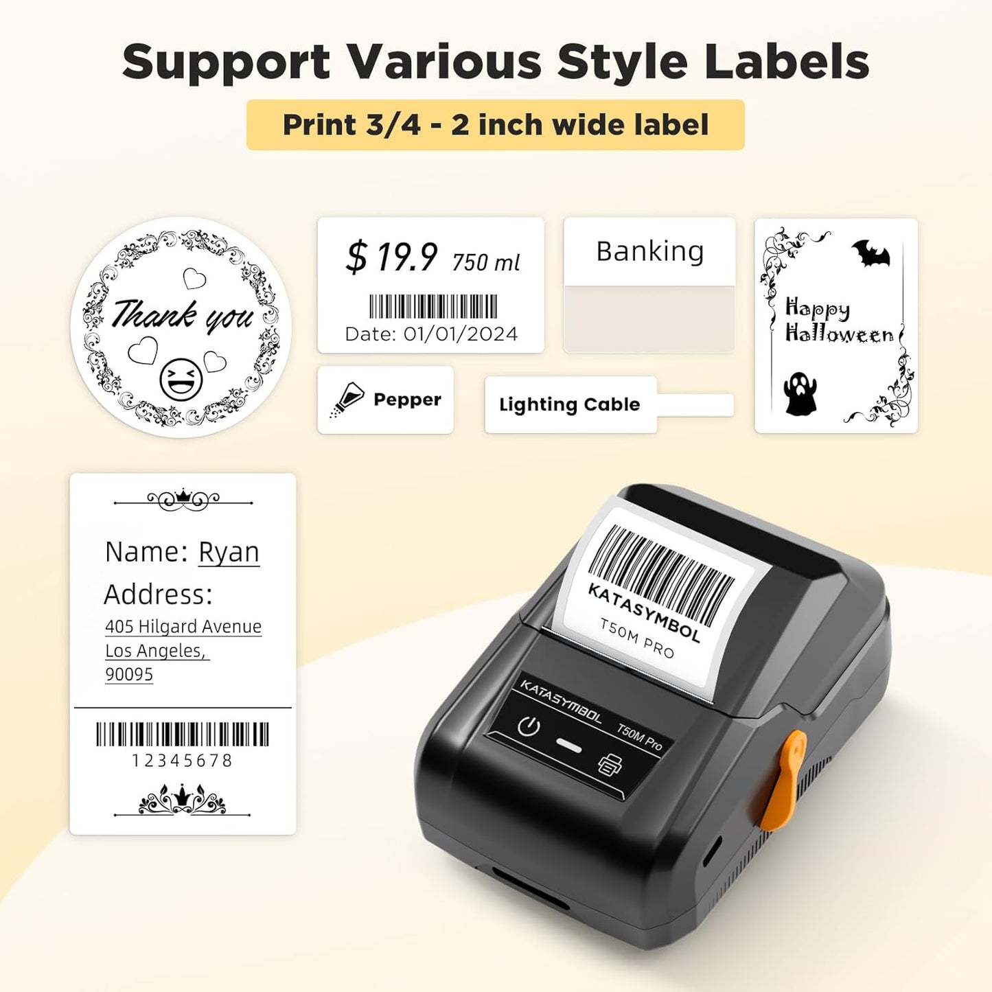 SUPVAN T50M Pro Bluetooth Label Maker Machine with 4 Tapes, Wide Waterproof Label, Versatile App with 40 Fonts and 650+ Icons, Inkless Labeler for Home, Kitchen, School, Office Organization, Black