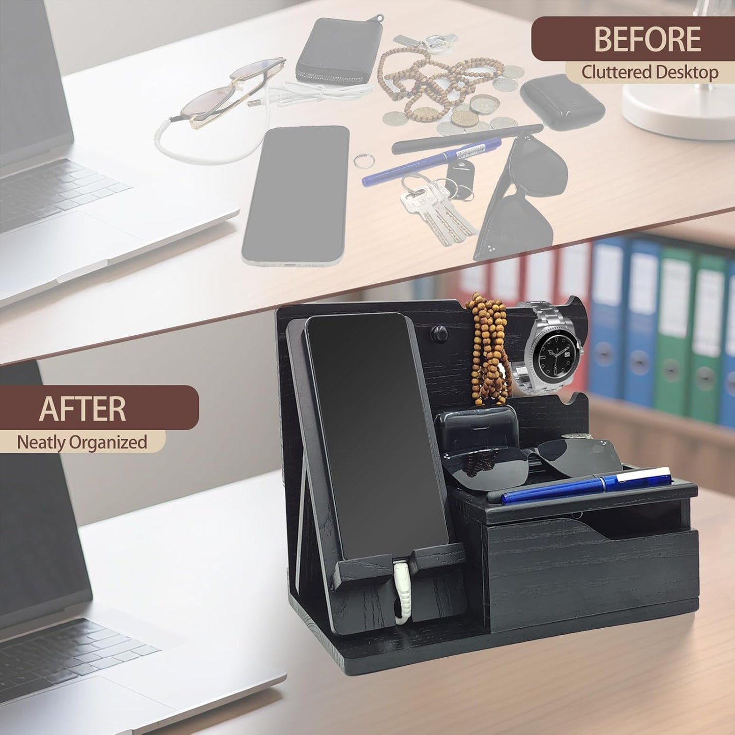 3-in-1 Wood Phone Docking Station Organizer with Drawer & Hidden Charging Hole for Phone, Keys, Glasses & Accessories, for Men (Black, 01)