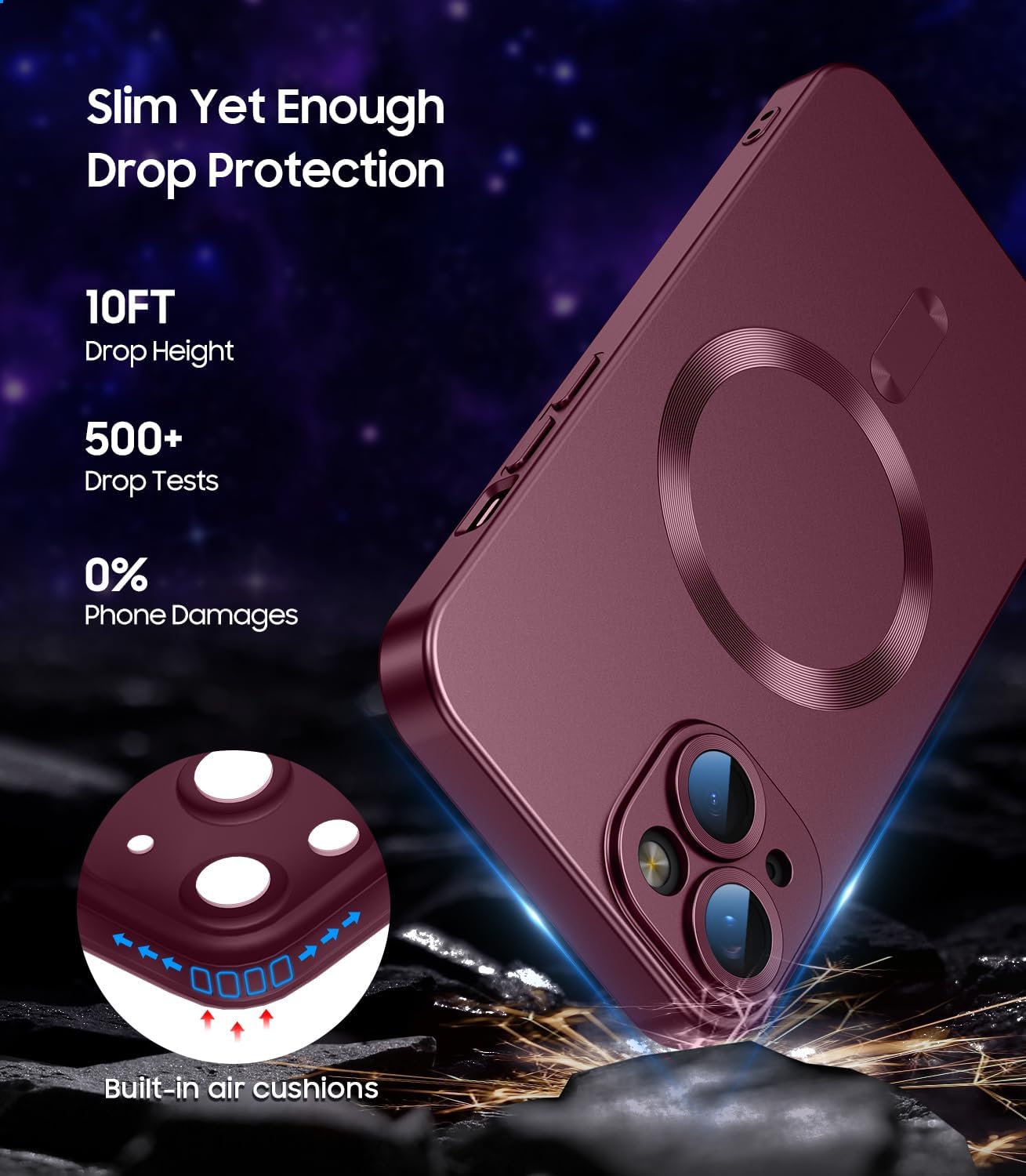 Magnetic for iPhone 13 Case [Compatible with MagSafe][Built-in Camera Lens Protector] Slim Soft Silicone Bumper Shockproof Metallic Luster Phone Case (Burgundy)