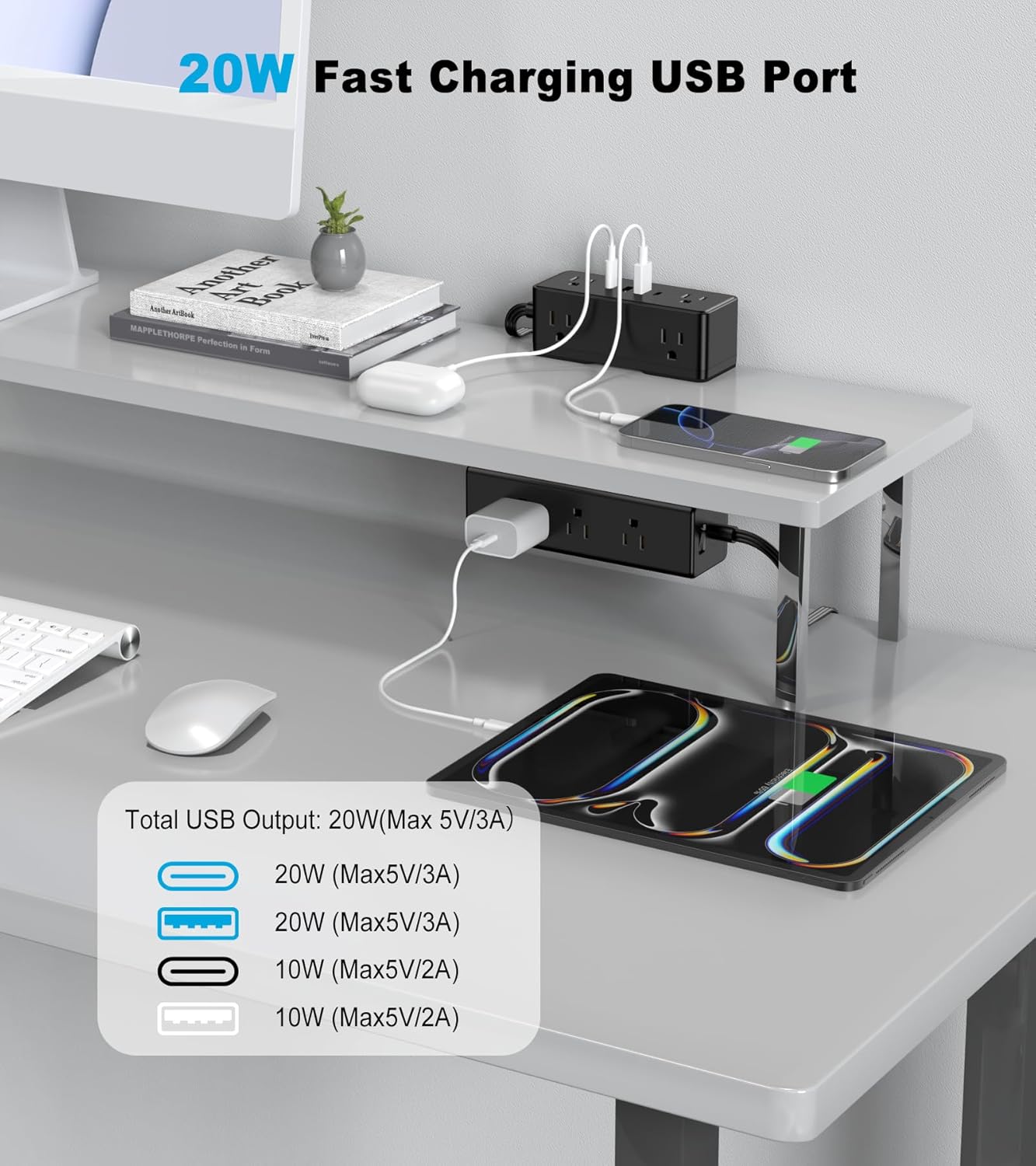 Dual Layer Desk Clamp Power Strip, Under Desk Power Strip with 4 USB Ports(2 USB-C) & 15 AC Outlets, Desk Mount Surge Protector, Ultra Thin Flat Plug & 10FT Power Cord for Office Home(ETL Listed)