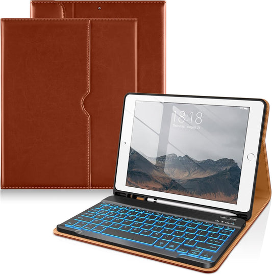DTTO for iPad 9th/8th/7th Generation 10.2" Case 2021/2020/2019 with Keyboard, 7 Colors Backlit Wireless Detachable Keyboard Premium Leather Folio Cover with Pencil Holder & Pocket, Brown