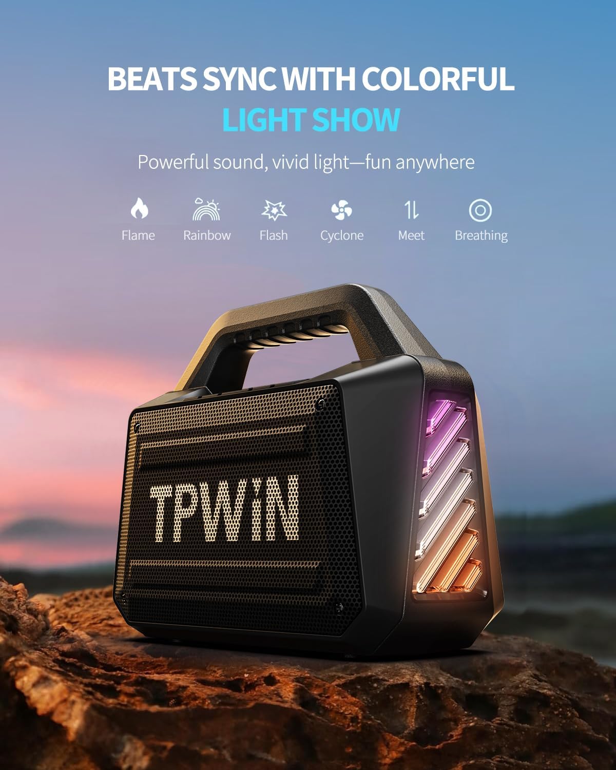Portable Bluetooth Speaker - 80W Peak Loud Speakers, 20H Playtime for Outdoor Adventure, Lightshow, TWS, Deep Bass, BT 5.3 Wireless, IPX6 Waterproof for Travel Hiking Camping Beach Pool - Black