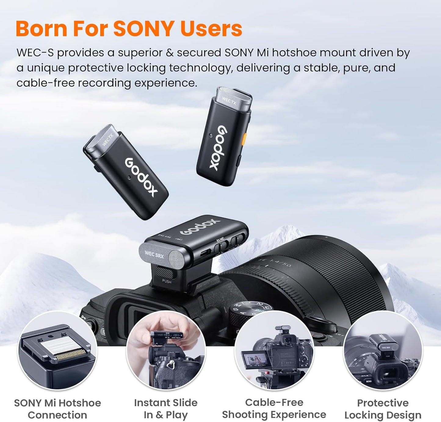 GODOX WEC KIT2 Wireless Microphone for Sony, Cable-Free Hotshoe Mount Lavalier mic, 200m (656ft.) Range, Noise Cancelling Mics, UAC Support Wireless Microphone for PC/Phone/Camera