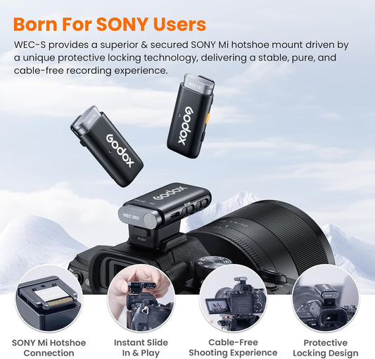GODOX WEC KIT2 Wireless Microphone for Sony, Cable-Free Hotshoe Mount Lavalier mic, 200m (656ft.) Range, Noise Cancelling Mics, UAC Support Wireless Microphone for PC/Phone/Camera