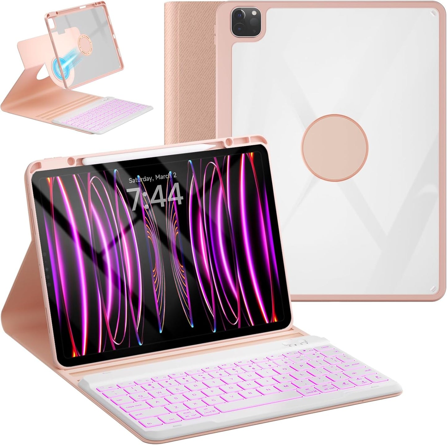 OYEEICE Keyboard Case for iPad Pro 12.9 inch 6th Gen 2022, 5th 2021, 4th 2020, Rotating Detachable Clear Cover with 7 Colorful Backlit Keyboard Wireless, Pencil Holder, Auto Wake/Sleep - Pink