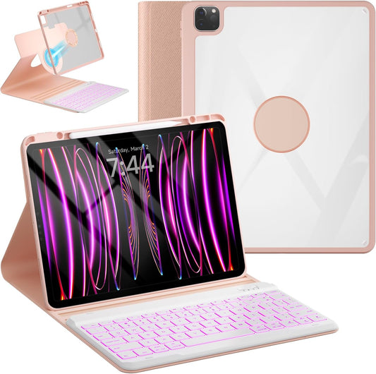 OYEEICE Keyboard Case for iPad Pro 12.9 inch 6th Gen 2022, 5th 2021, 4th 2020, Rotating Detachable Clear Cover with 7 Colorful Backlit Keyboard Wireless, Pencil Holder, Auto Wake/Sleep - Pink