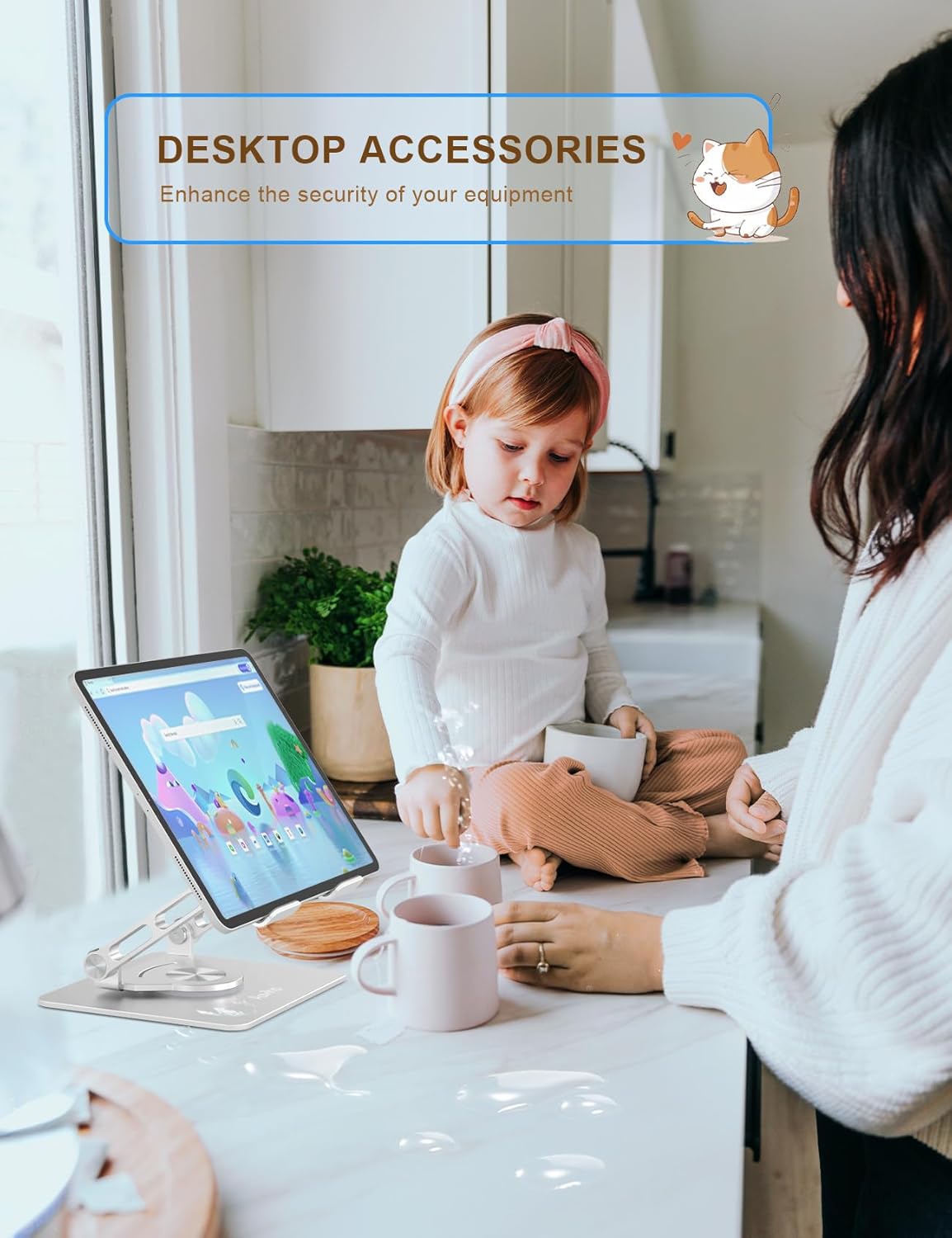 Tablet Stand 360° Rotating Aluminum Holder, Adjustable, Portable and Foldable Monitors Stand for iPads, Compatible with 4-12.9" Tablets, Silver